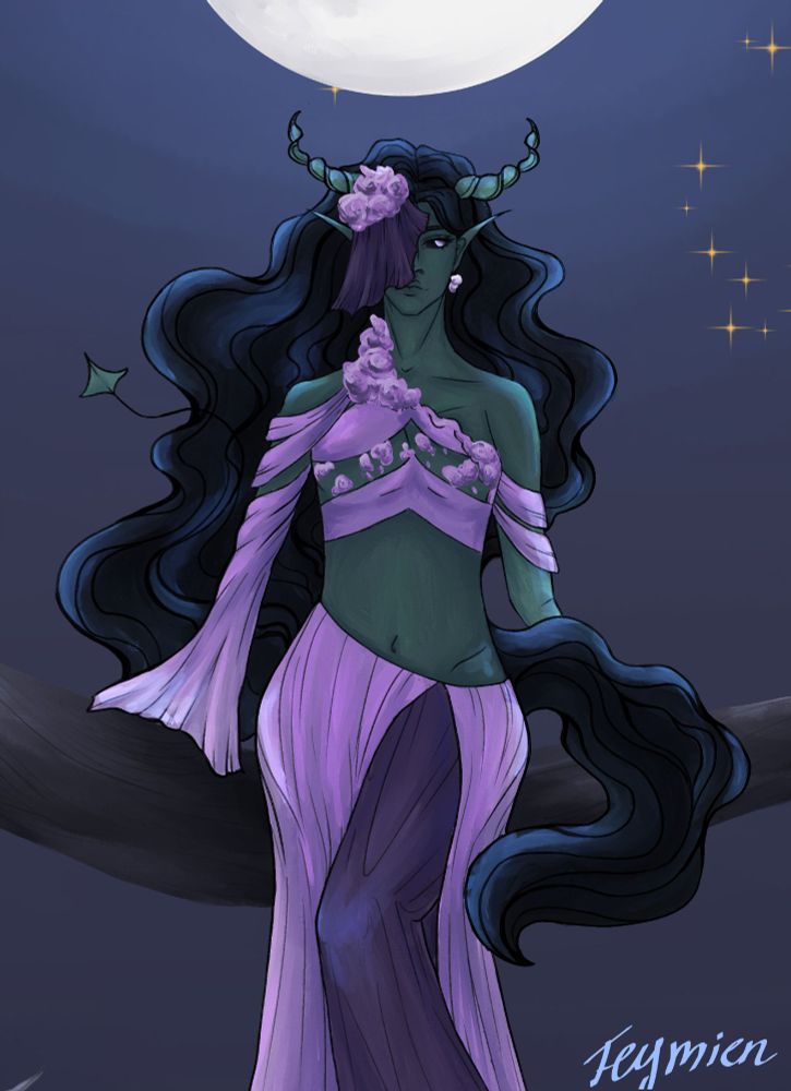 Closeup of a coloured illustration, now a halfbody of a tiefling with dark green skin and horns sitting on a thick tree branch above a lake. They have long flowing black hair with blue accents, and they're wearing a decorated top alongside wide pants and a slit skirt, all in lavender tones. The same lavender colour can be found in the flowers on their hairpiece and earrings.