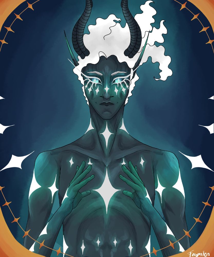 Tarot-esque halfbody illustration of a tiefling with dark skin and white floaty hair, as well as long, sharp ears and a pair of curled horns. Their skin is covered in various glowing white star-like marks, and their hands are framing the largest star mark on their chest. Their hair is floating gently, and their eyes are gazing downwards. The image is framed by a simple golden border. Character belongs to @jackzarts.bsky.com

