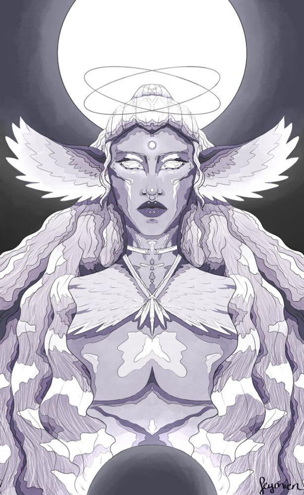 Symmetrical monochrome halfbody of an aasimar with wing-like ears and a halo as well as a glowing mark on his forehead and glowing eyes. His long wavy hair is tied back and flowing down his back and over his shoulders, framing his body. He's wearing a necklace and a thin cloak made of lace on his shoulders. Behind him there is a large moon glowing brightly, contrasting the dark orb in front 

