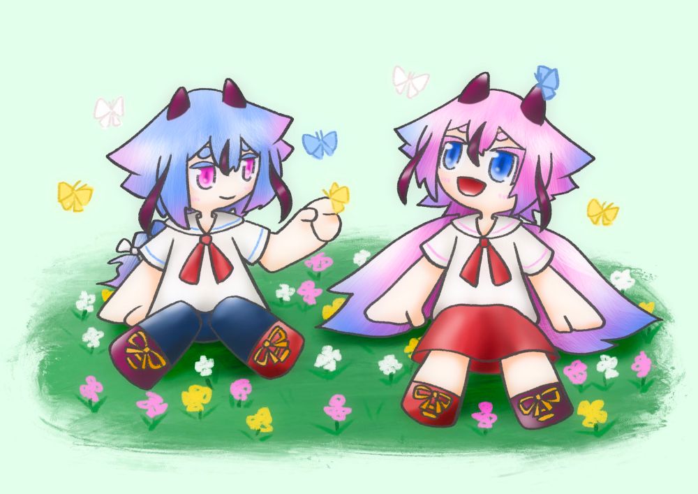 花の咲く草はらに座って飛ぶ蝶を眺める鳴花ーずデフォルメ