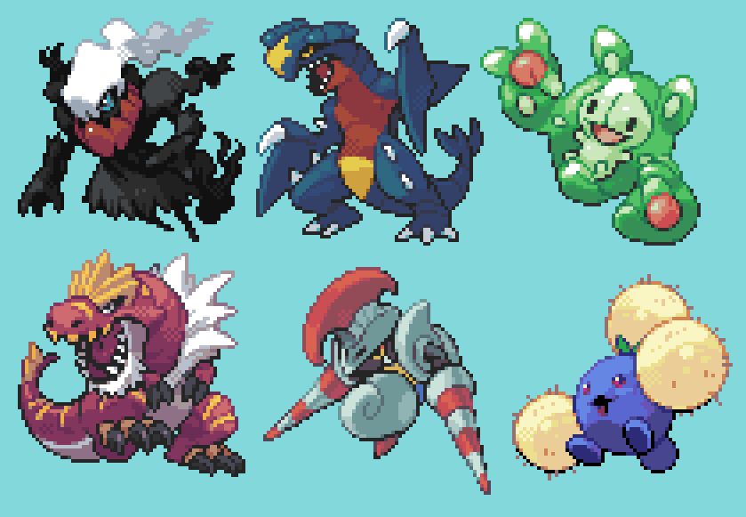 Pixel art of 6 pokemon
Darkrai, Garchomp, Reuniclus, Tyrantrum, Escavalier, Jumpluff