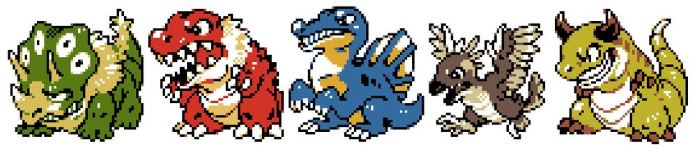 Heavily stylized pixel art of various dinosaurs