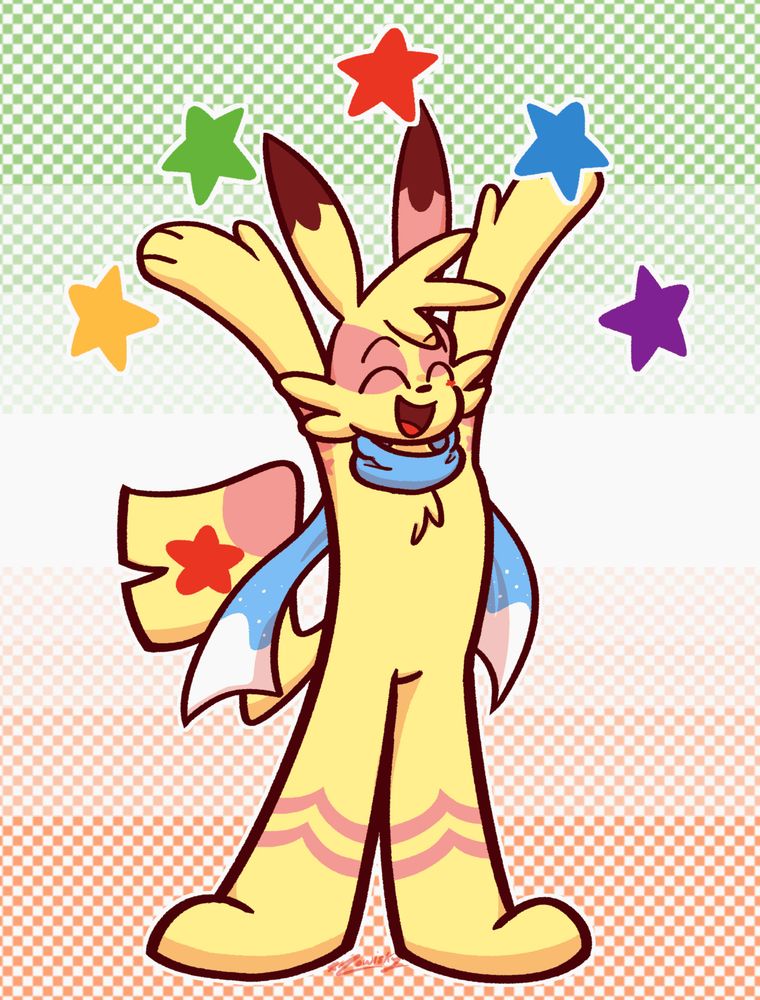 Artwork of a pikachu wearing a scarf standing upright with a joyful expression, holding her arms up in the air while stars of different colors arc above her. The background is a checkerboard pattern with a white stripe in the middle, and the top and bottom colors fade out into the middle in chunks, giving the impression of a gradient.