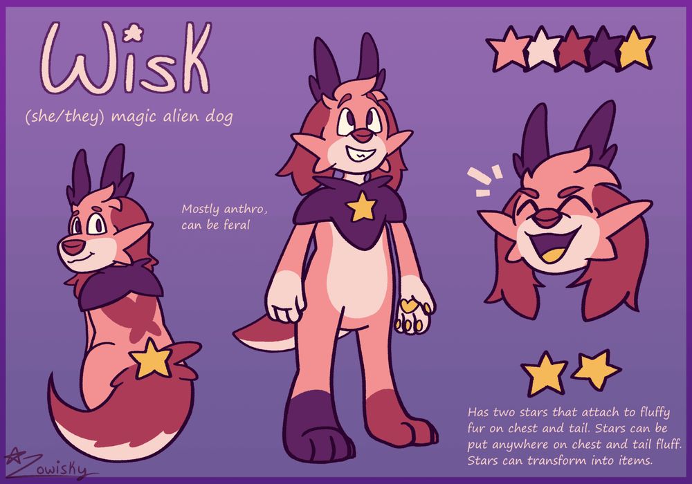 A reference sheet for the pink and purple dog-like character, Wisk.