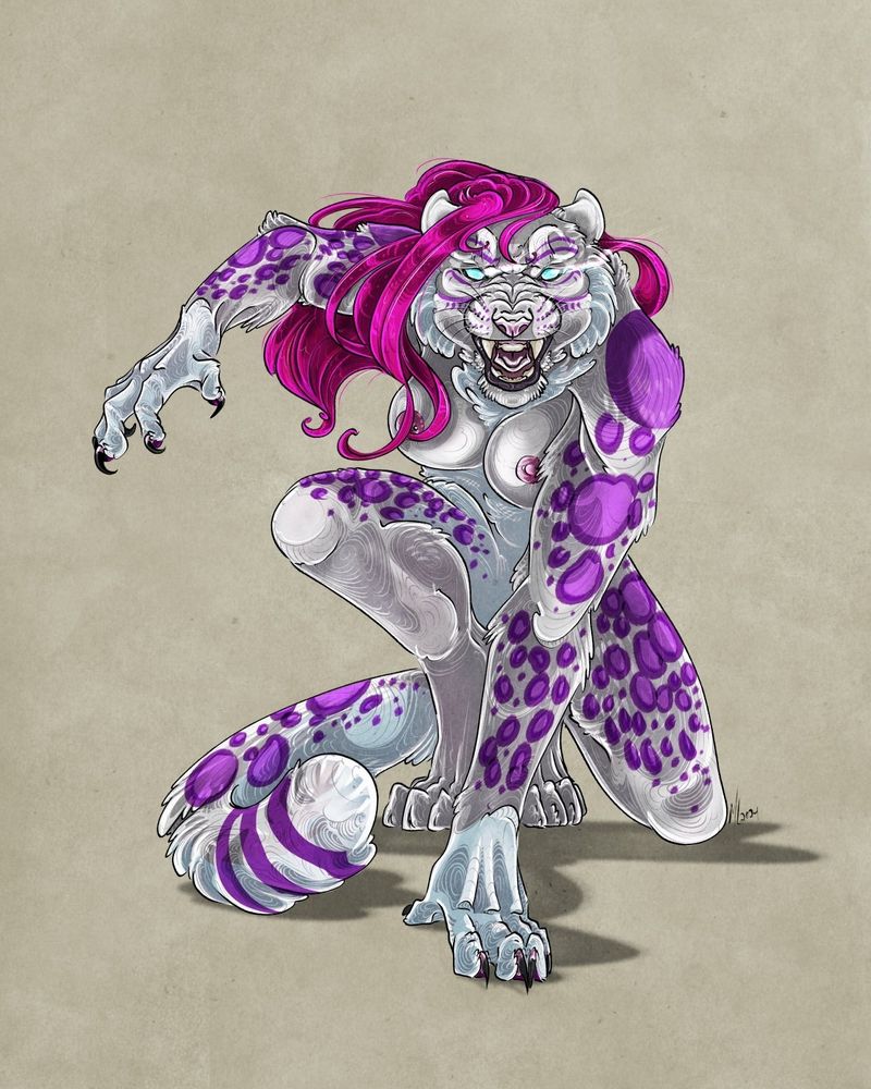 A crouched anthro snow leopard with long hair, nude, snarling angrily at the viewer.