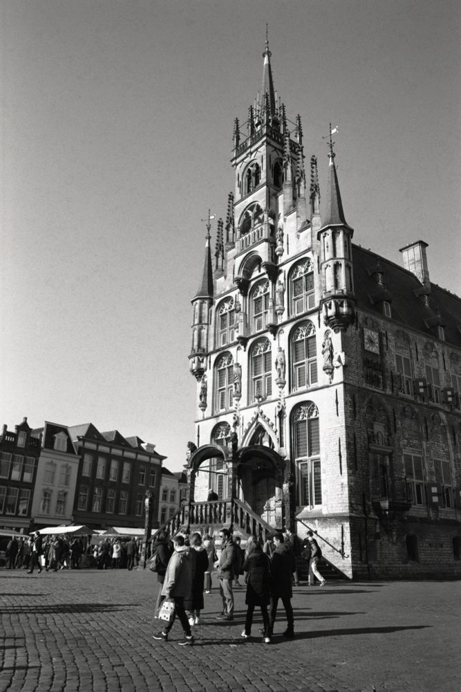 A black and white photo of the front of Gouda city hall, with fancy windows, statues, and little towers on the roof. Shot with a Fuji GSW690ii on Fomapan 400