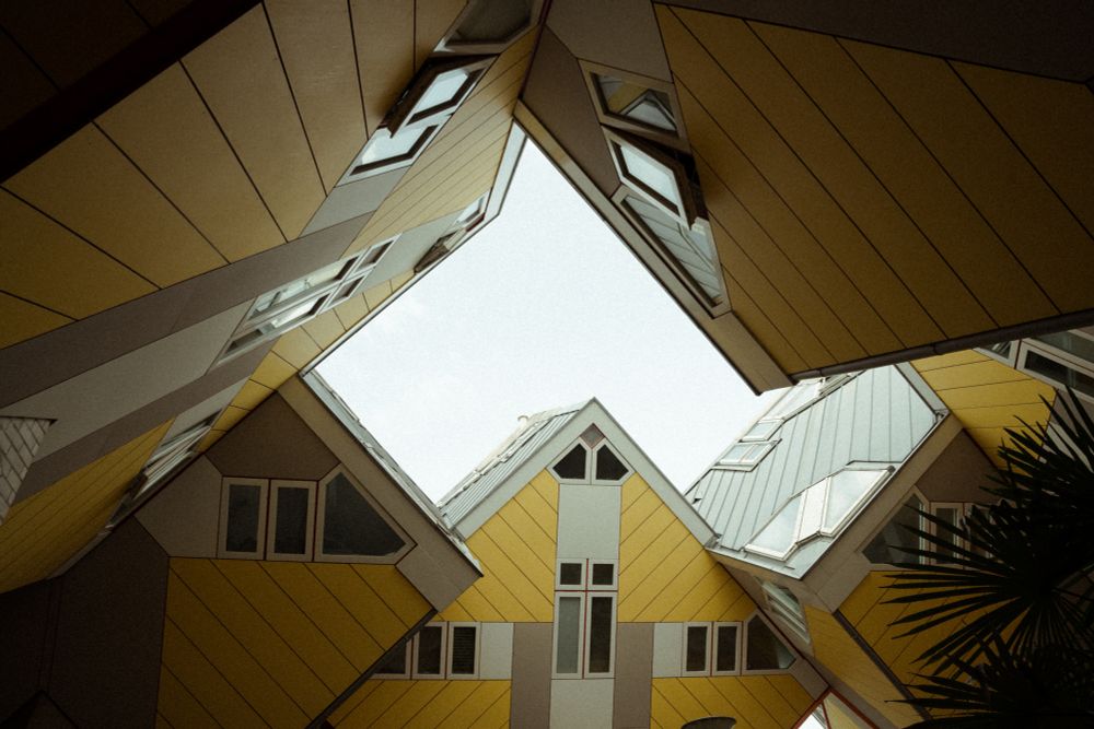 Yellow cubic houses and a bit of sky