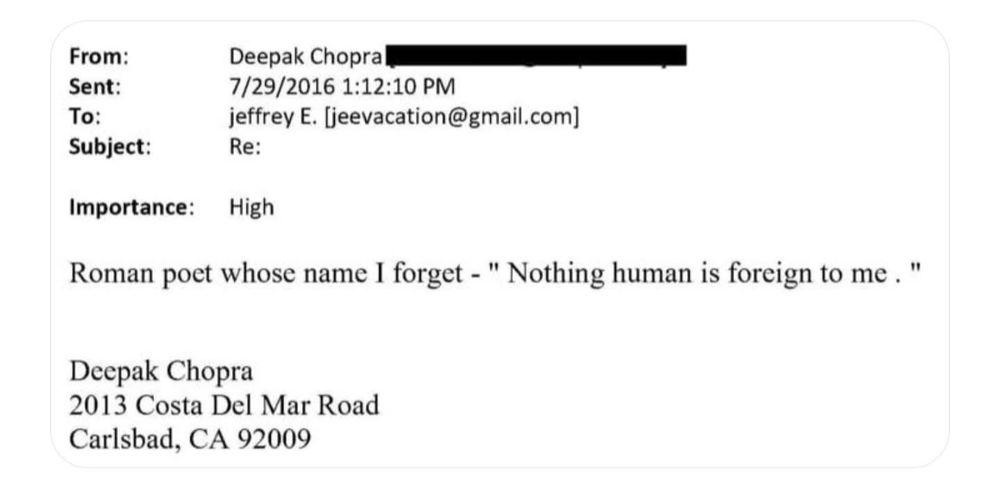 Letter from Deepak Chopra to Epstein saying "Nothing human is foreign to me"
