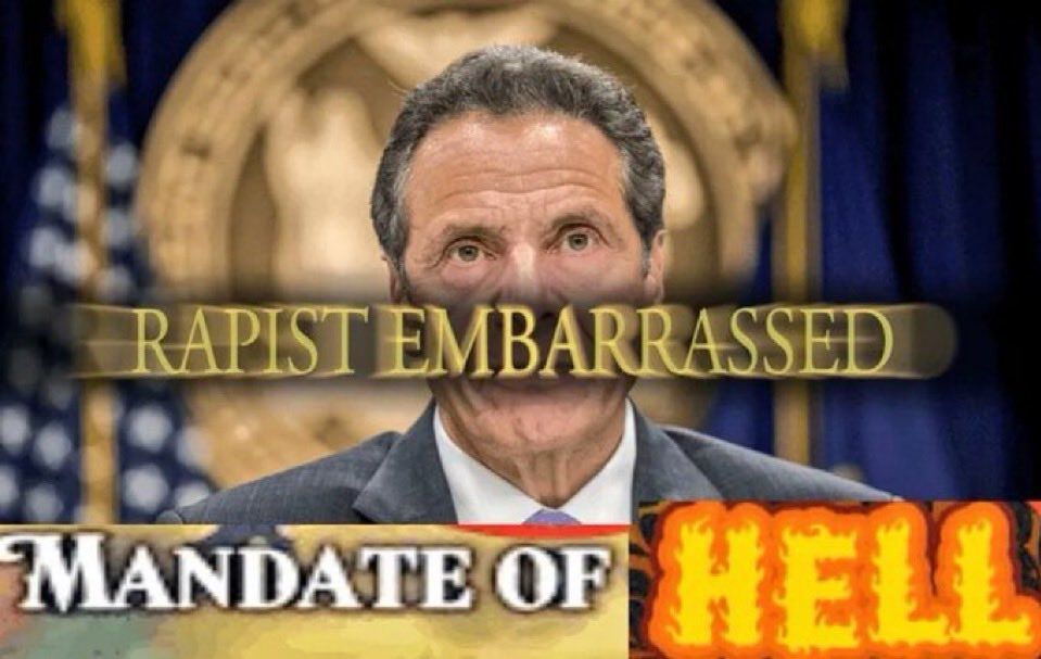 Andrew Cuomo with Dark Souls text that says "RAPIST EMBARASSED" and the caption at the bottom which reads "MANDATE OF HELL"