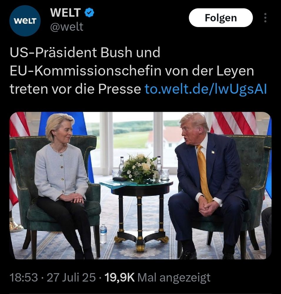 Screenshot from the dead bird: news agency the "Welt" with a picture of Trump and von der Leyen titled "President Bush and EU-commisionary von der Leyen"