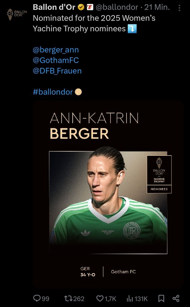 Ballon d'Or nomination for Ann-Katrin Berger for the Yachib3 Trophy 2025