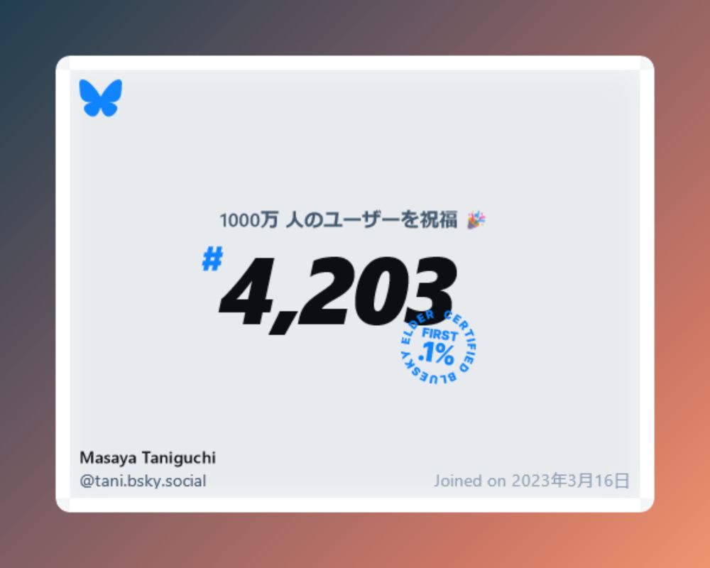 A virtual certificate with text "Celebrating 10M users on Bluesky, #4,203, Masaya Taniguchi ‪@tani.bsky.social‬, joined on 2023年3月16日"