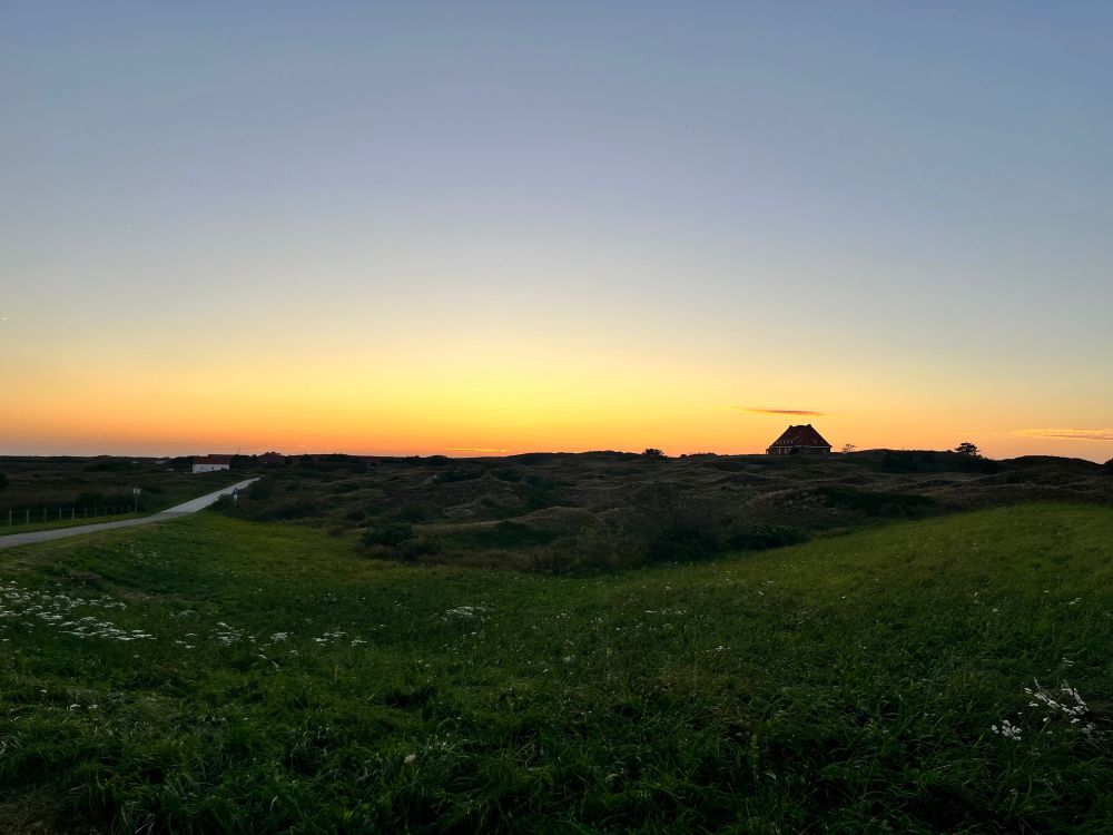 Blick in den Abendhimmel über die Wattwiesen. Der Himmel ist rötlich gefärbt und durch die Landschaft läuft ein Weg. Rechts im Bild sieht man ein einzelnes Haus auf einer Düne