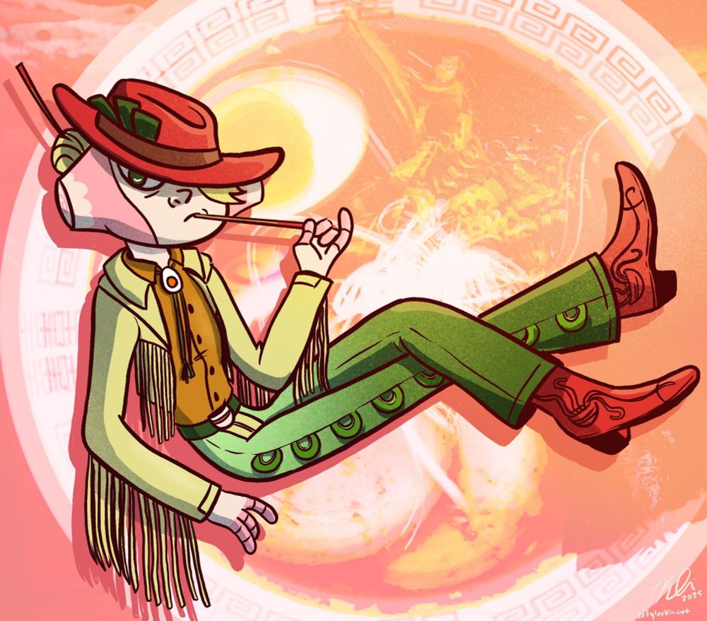 Onaperd's character, Lay-Leigh, a robot convenience store manager, dressed as a Ramen Noodle Cowboy. She sports a fringed yellow jacket, an egg bolo tie, and bok-choy/scallion chaps. Her hair is held in place with a chop stick, and she sports a red cowboy hat with seaweed in the brim, as well as red cowboy boots sporting a ramen bowl filigree.