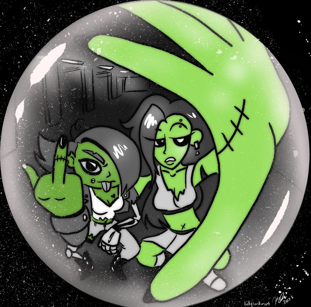Fisheye lens of two Zombie gals. the left, Greta, is crouched down, tongue stuck out and middle finger up. The right figure, Zombie Girl, is crouched down with her hand close to the lens.