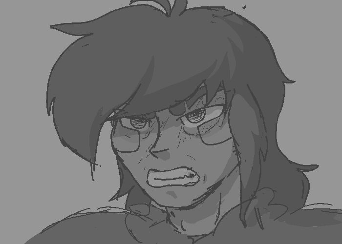 a grayscale drawing of an angry-looking young woman gritting her teeth at something out of frame. she has dark, fluffy hair and a scarred face.