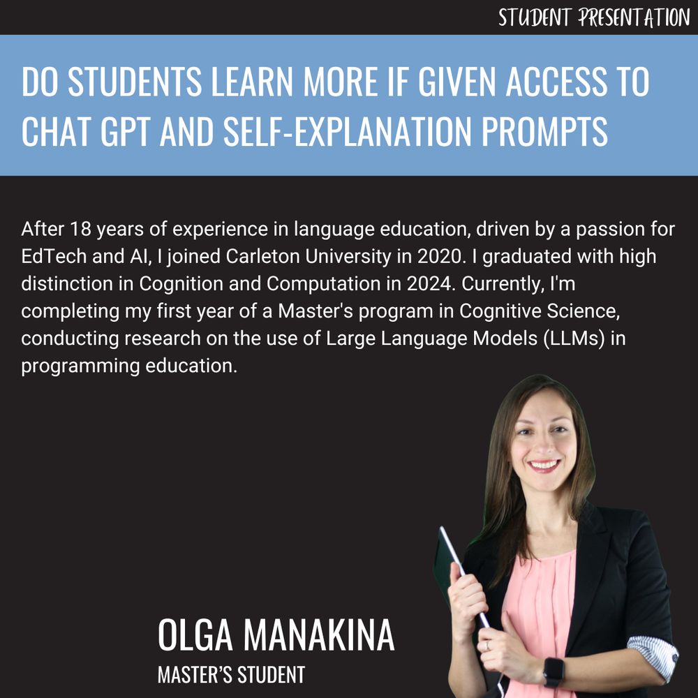 After 18 years of experience in language education, driven by a passion for EdTech and AI, I joined Carleton University in 2020. I graduated with high distinction in Cognition and Computation in 2024. Currently, I'm completing my first year of a Master's program in Cognitive Science, conducting research on the use of Large Language Models (LLMs) in programming education.