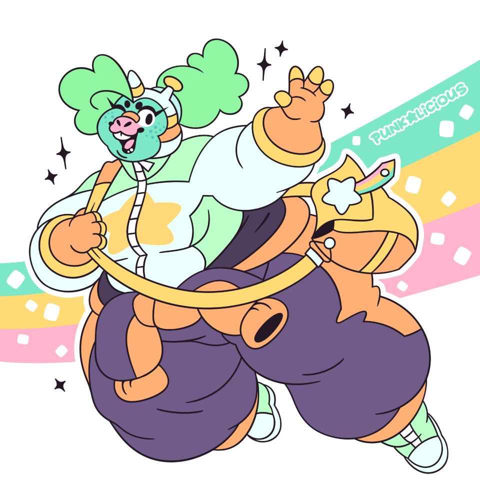 An anthro interpretation of Space Unicorn, floating and waving to the camera. She is carrying a mailbag and is wearing a vibrant spacesuit, framed against a marshmallow laser.