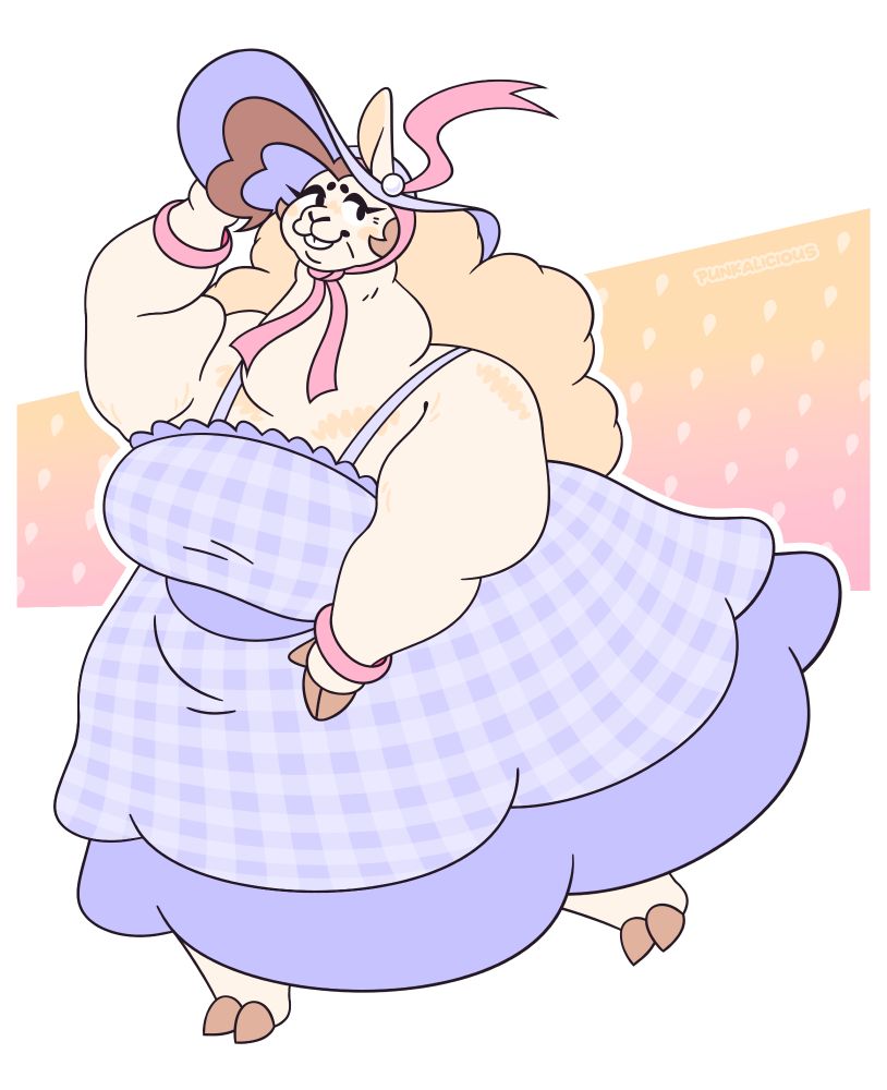 Artwork of Cassie, a large, anthro alpaca woman wearing a dress / sunhat. The background features a pattern that resembles strawberries.
