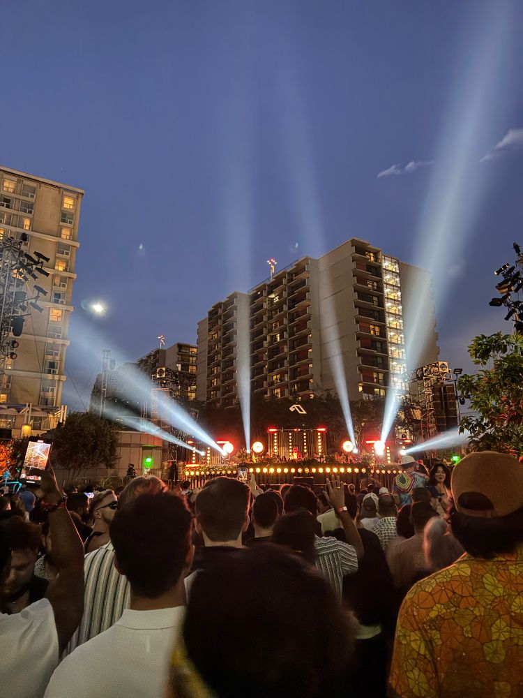 Anjunadeep Open Air - Los Angeles. Photo of the stage at sunset, lights on the stage beginning to be visible