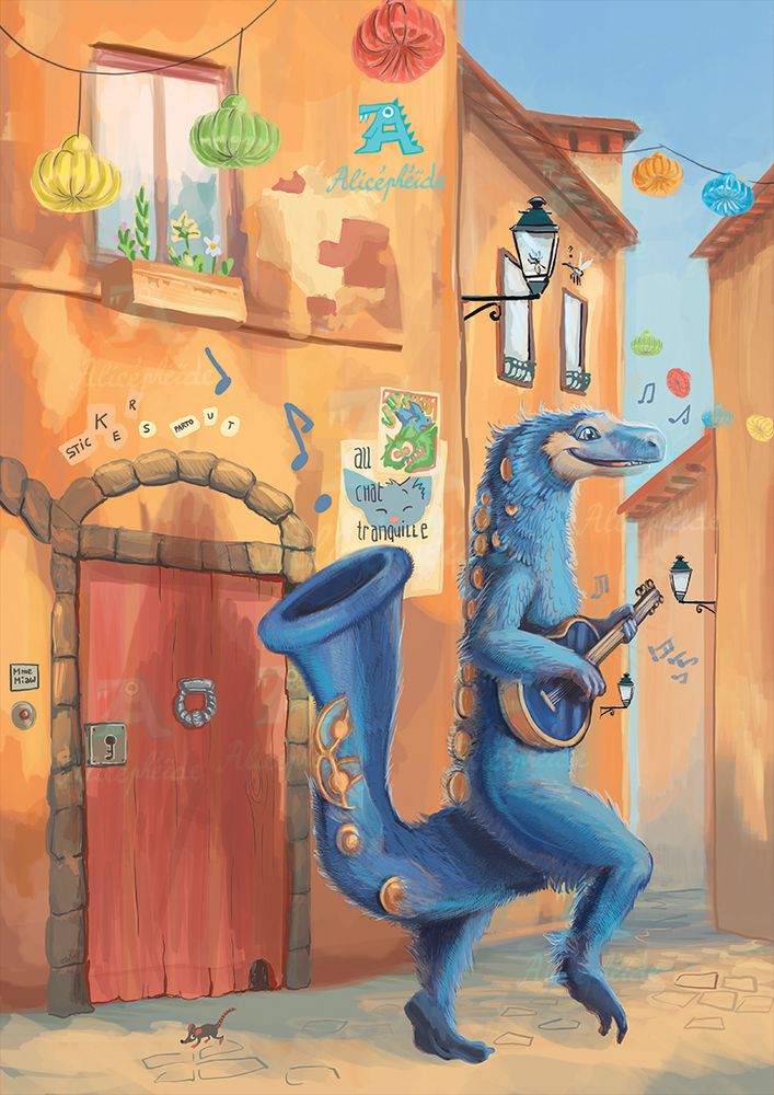 New illustration from my blue Saxoraptor, a velociraptor mixed with a saxophone, walking in the street and playing guitar ! 