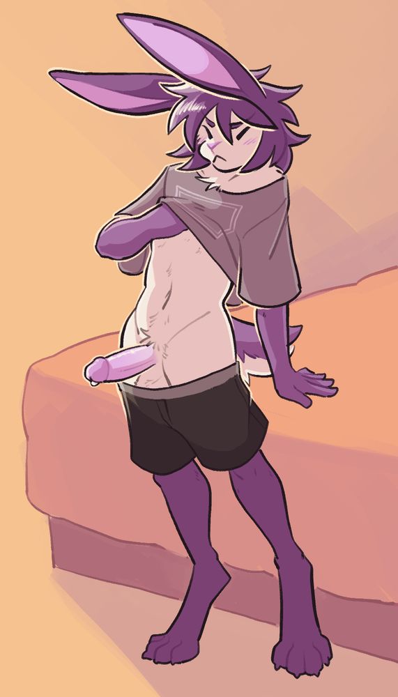 an anthro rabbit named mauve standing, stretching tall at a bedside, one arm behind their back on the bed, one arm in front lifting their shirt to scratch their chest. their underwear is down, revealing their erect dick