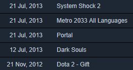 Screenshot of user's first five steam purchases: Dota 2, Dark Souls, Portal, Metro 2033, System Shock 2