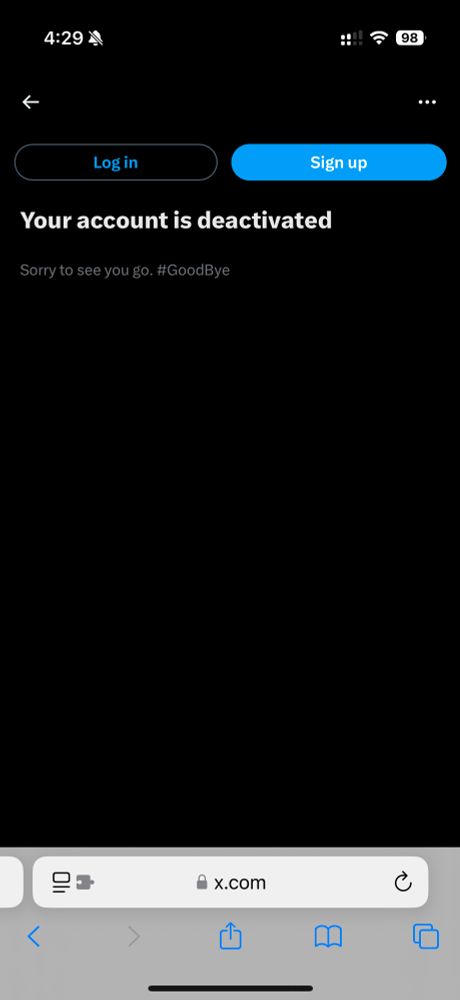 Screenshot from Twitter (x.com) of account deactivation acknowledgement. 