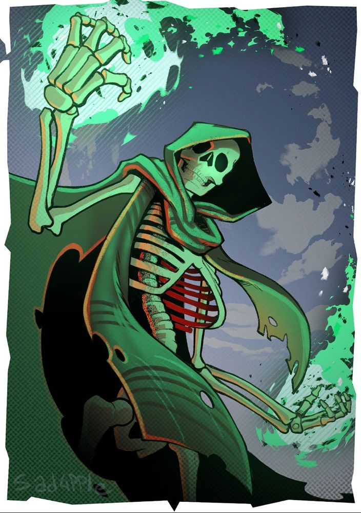 Big skeleton in green lighting and a flowy cape and scarf with hood pulled up is flinging magic spells about
