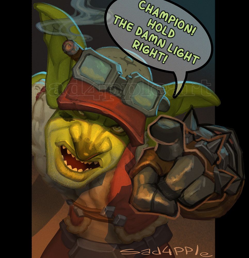 illustration of Monte Gazlowe, a goblin character from hit videogame World Of Warcraft, berating the viewer for not holding the light right like a dad trying to fix a car. quote: Champion! hold the damn light right!