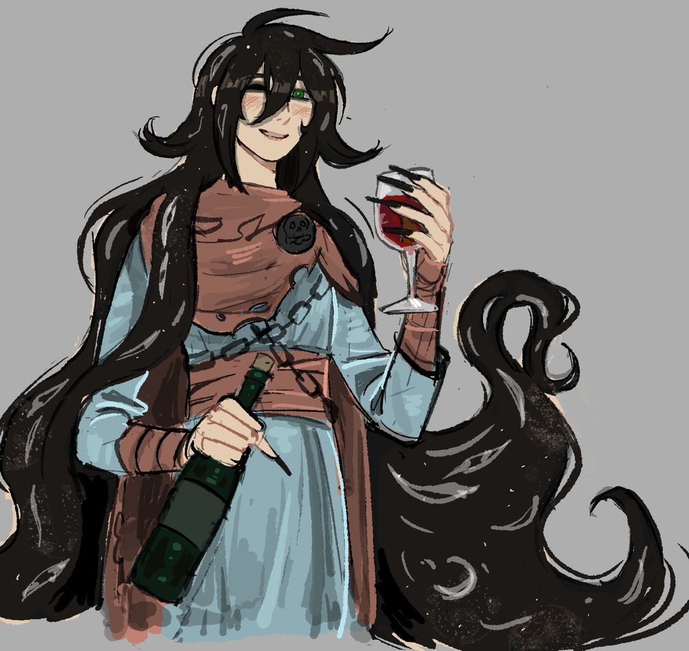 my oc simon, smiling gently, holding both a bottle and a glass of wine