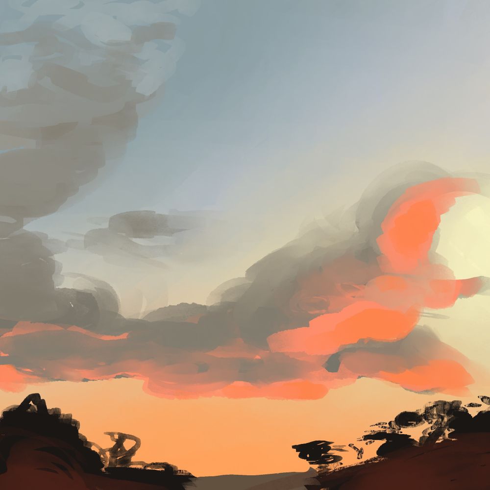 rough digital painting of a sunset sky. the sky is a gradient from a dull blue, down to a light orange, both colors meeting in the middle as a creamy yellow. peachy orange light lines the bottoms of grey clouds. there are roughly scribbled in trees in the foreground.
