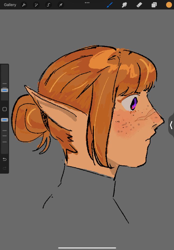 a side portrait of clover (she/they), an elf with purple eyes, and golden-red hair tied up in the back with a bun. her face has freckles dotted from cheek to cheek, and a scar running horizontally across her nose.