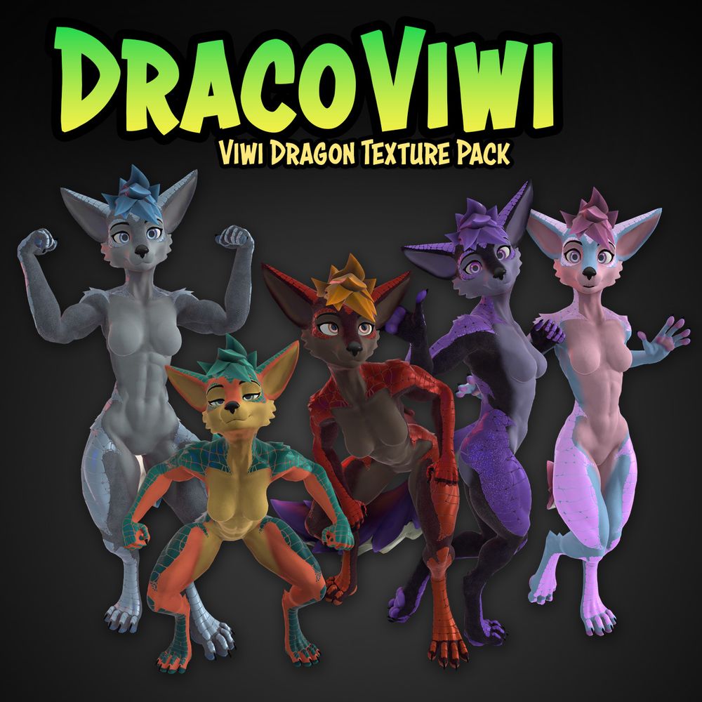 Promo image for dragon textures for the VRChat Viwi avatar, featuring five different color schemes