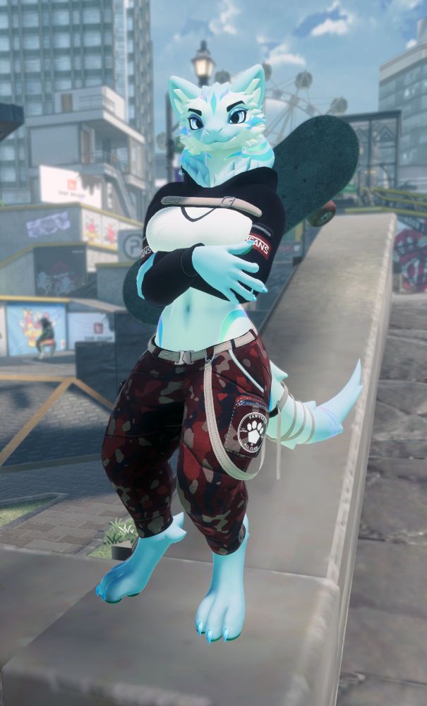 A picture of a blue, white, and green Northern Aspil wearing a white shirt and red camo techwear pants. She is standing on a concrete barrier with her arms crossed, and her skateboard slung on her back.
