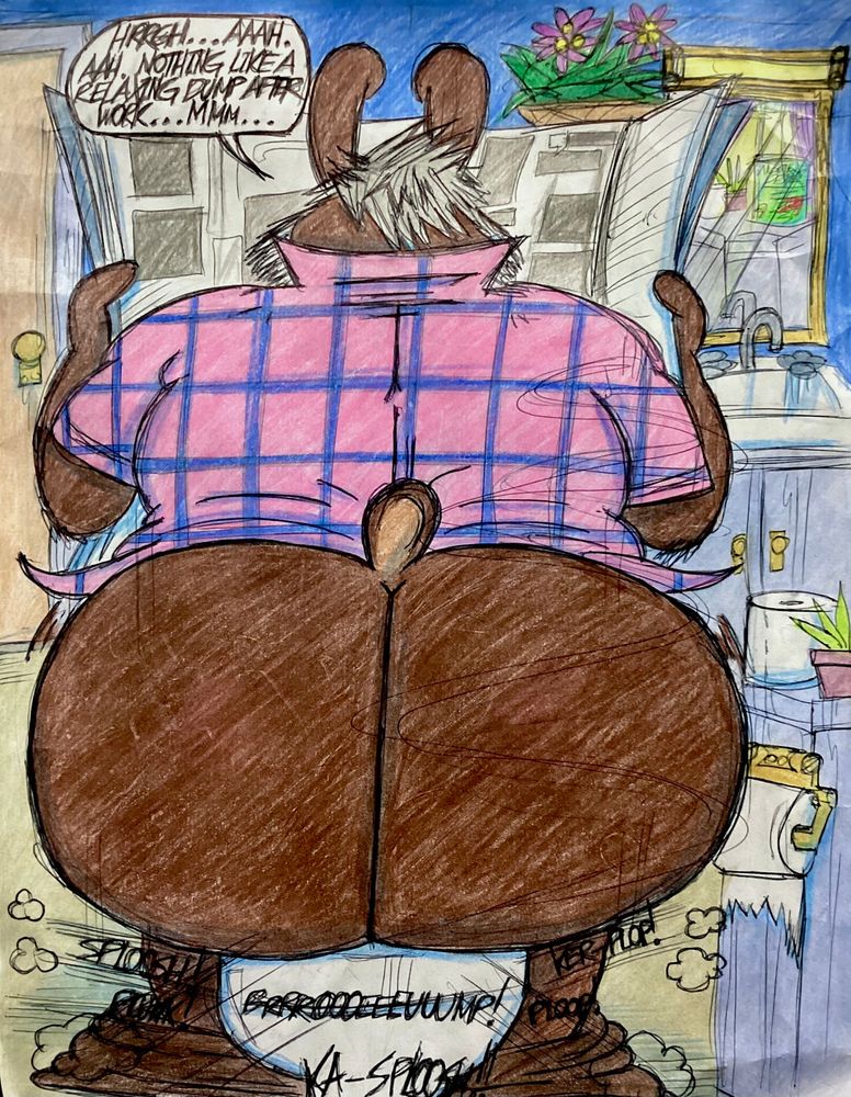A new colored commission for MysFurry99 of his character; Burhardt. (The big bunny DILF). A look into Burhardt’s humble hideaway (while he’s taking a huge dump.)! We aimed for another regular/ relatively-nice bathroom this time around.