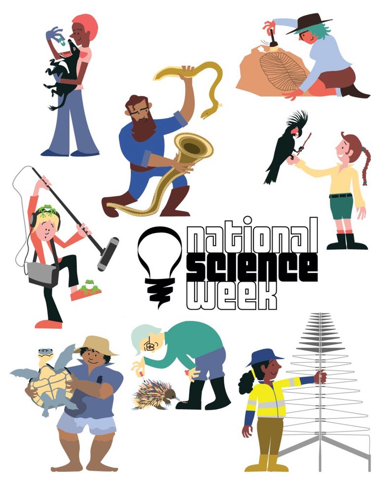 8 state based characters doing science: TAS vet nurse feeding face tumor vaccine bait, VIC ranger using traditional indigenous eel trap, SA excavating fossil, QLD ranger with black cockatoo, NSW recording frogs, NT studying turtle, ACT counting echindas and WA with SKA antenna