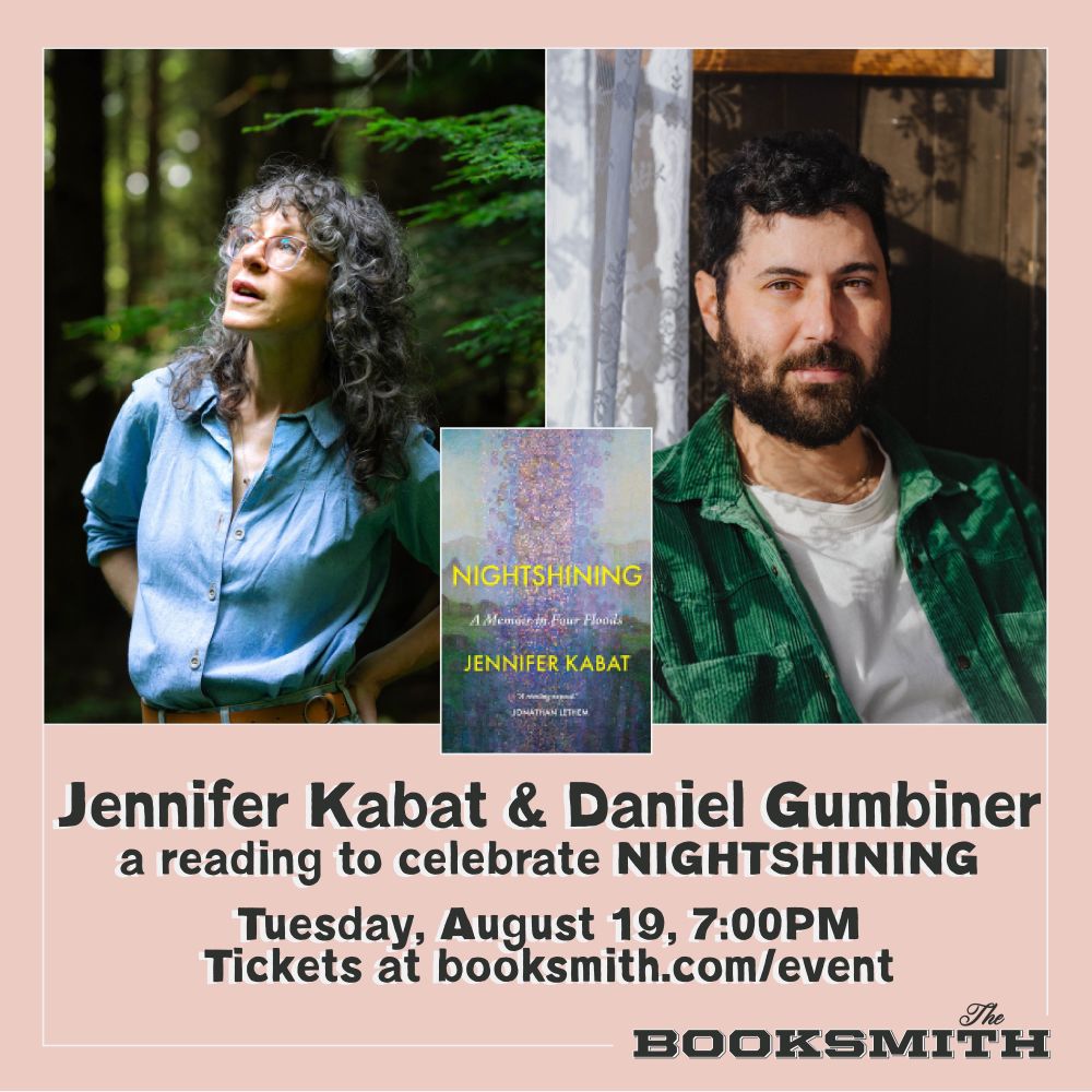a graphic for the event with headshots of jennifer kabat and daniel gumbiner and a cover image for NIGHTSHINING