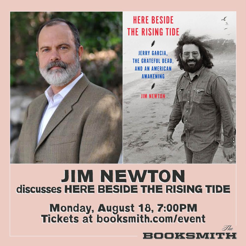 graphic for the event with a headshot for jim newton and the cover image for HERE BESIDE THE RISING TIDE
