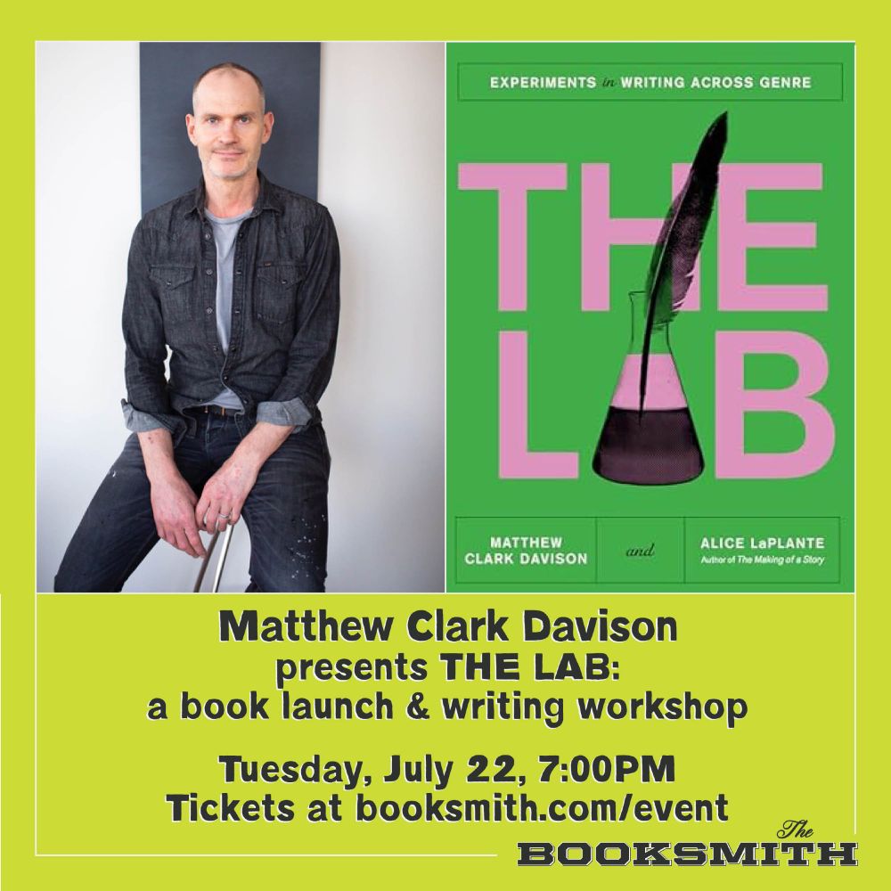 graphic for the event, with a headshot of matthew clark davison and the cover image for THE LAB