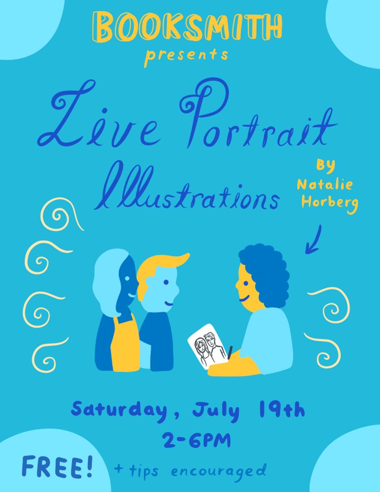 flyer for natalie horberg's live portrait session with a doodle of her doodling two folks