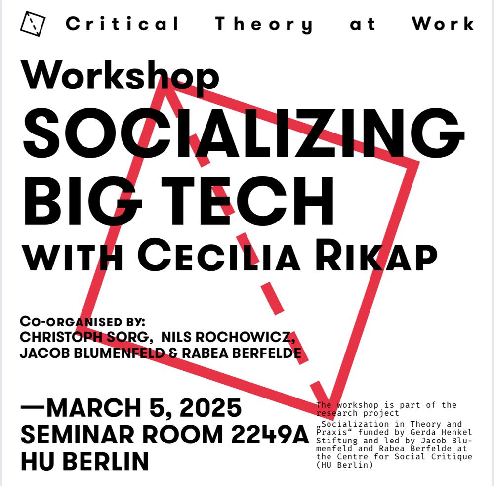 SOCIALIZING BIG TECH. a mini-workshop with CECILIA RIKAP


March 5, 2025 14:00 - 17:00
seminar room 2249A, HU
Unter den Linden 6, Berlin