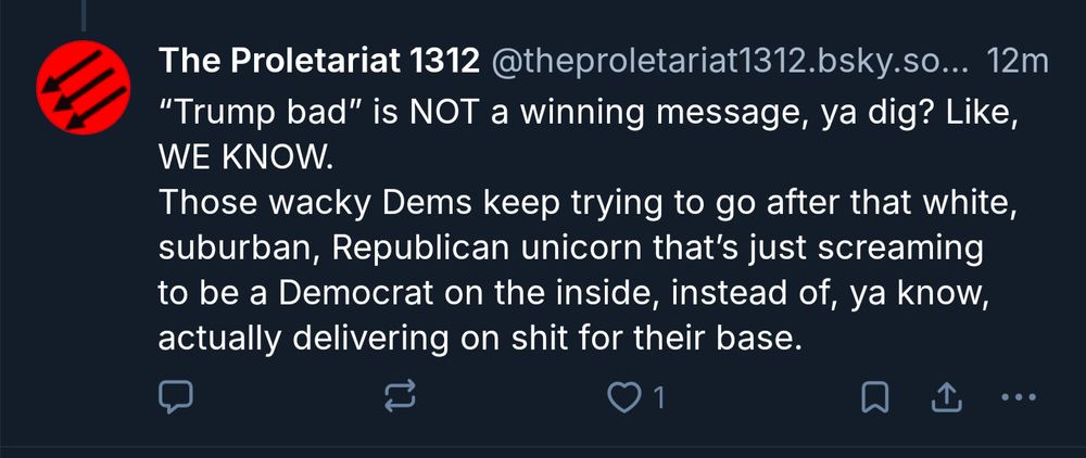A mystery person with no profile pic: "“Trump bad” is NOT a winning message, ya dig? Like, WE KNOW. 
Those wacky Dems keep trying to go after that white, suburban, Republican unicorn that’s just screaming to be a Democrat on the inside, instead of, ya know, actually delivering on shit for their base."

(Back to me talking):
Man if "what have you done for me lately" doesn't include "you didn't cause me to have to watch people be harmed, hunted, assaulted, and criminalized while you actively dismantled the government", WHY DOESN'T IT