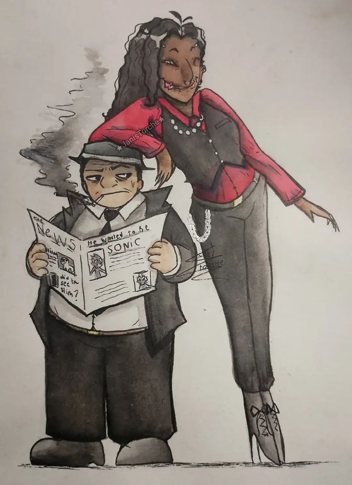 Isaac is A fat,short,man, he is a detective and He is reading a newspaper, next to him There is his assistant, She is tall and thin, she leans her arm on Isaac's head Because he is smaller than her 