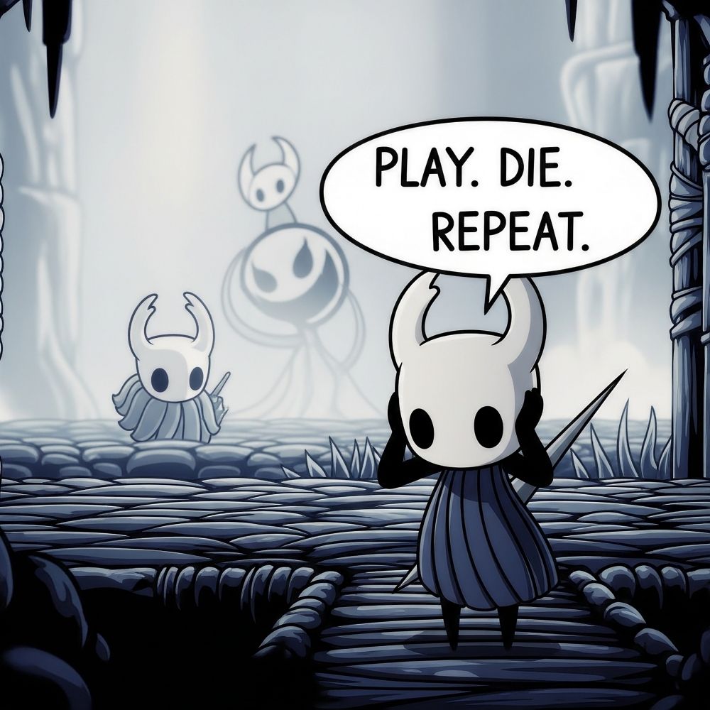 An imaginary scary scene with a desperate Hollow Knight in the foreground and the words: Play. Die. Repeat.