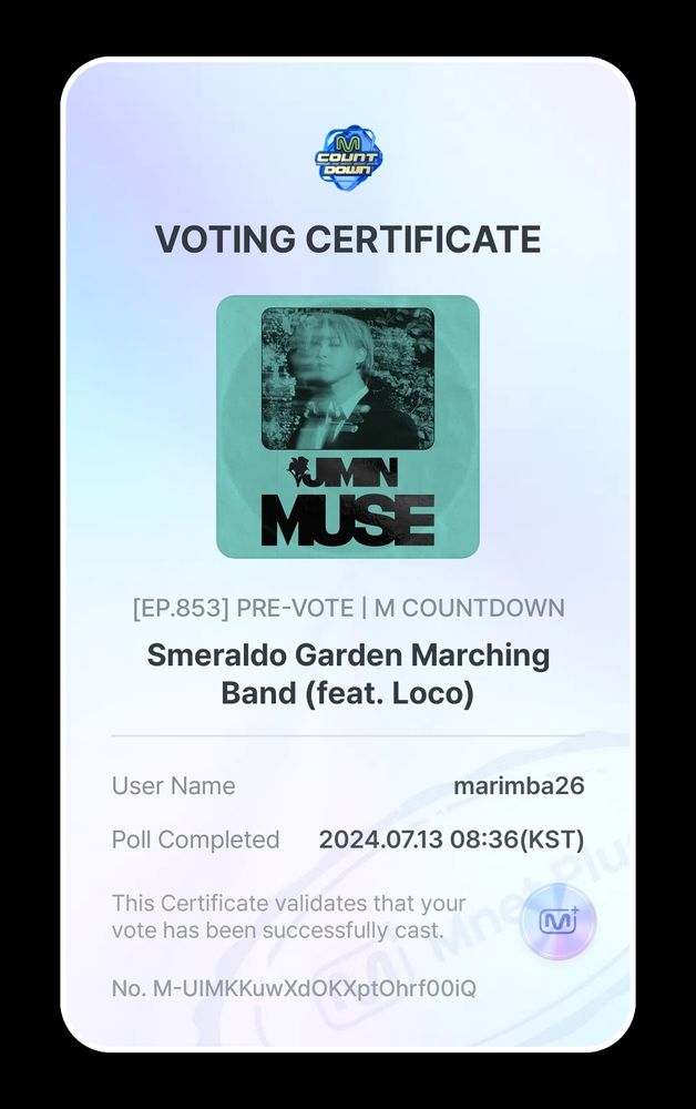 A voting certificate from M Net that shows a vote for Jimin
