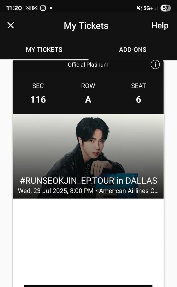Screenshot of ticket in Ticketmaster app.