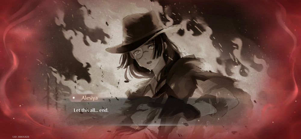screenshot from infinity nikki showing a close up of a woman scared and crying with text below saying, "let this all end"
