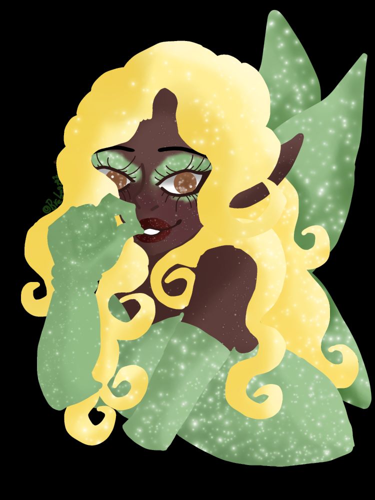A fairy dressed in green, green fairy wings, sparkly, blonde hair, dark skin tone, 