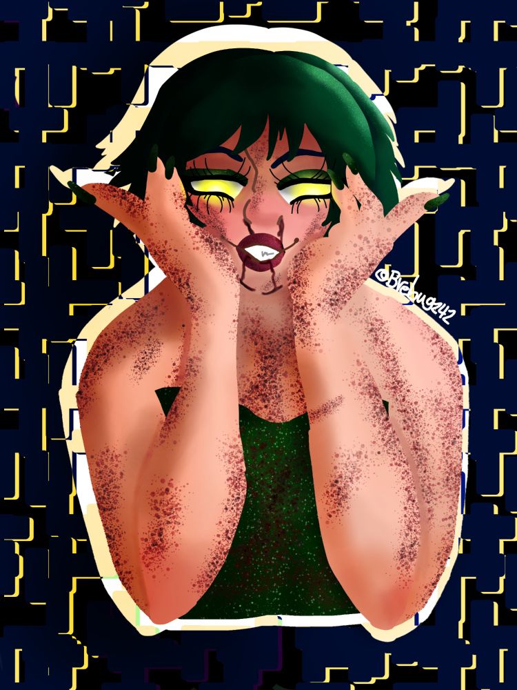 a female character covered in blood splatter 
